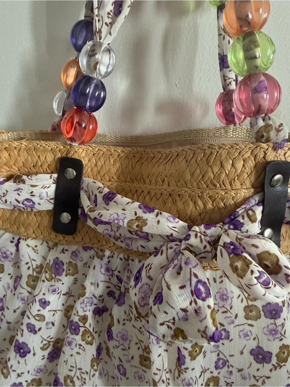 Floral Bubble Tote Bag with Beaded Handles - Cream and Lavender